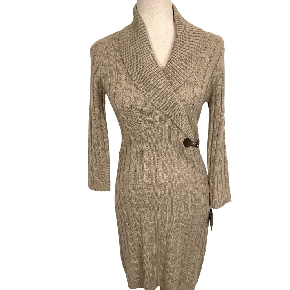 Marc Andrew NY Sweater Dress Womens XSmall Tan Cable Knit Shawl Wrap Buckle